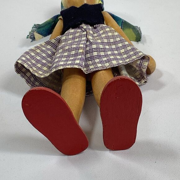 Vtg Poland Wood Peg Doll Girl Blond Hair Purple Plaid Skirt Red Shoes 7" - Picture 8 of 9
